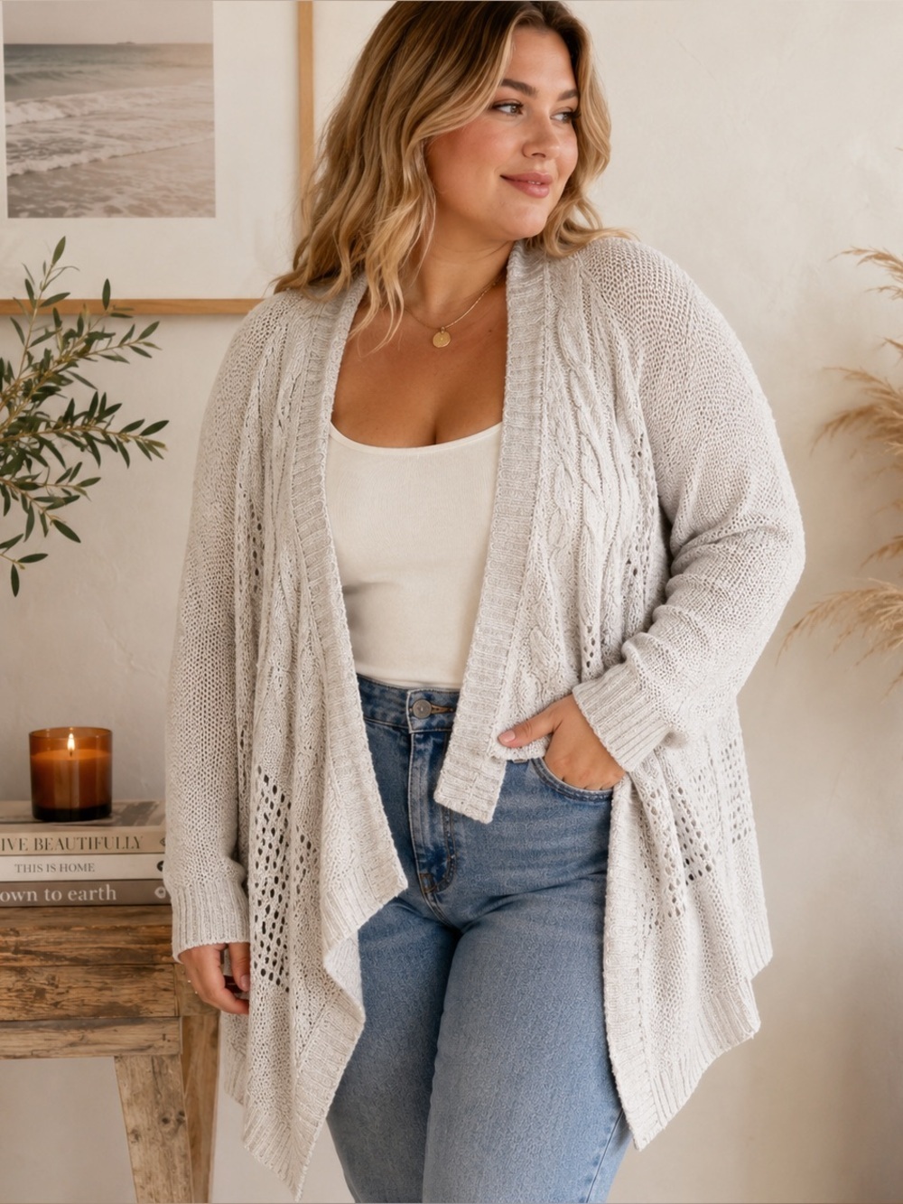 Sonoma Life + Style Women’s 1X open-front knit cardigan in a soft ivory/cream